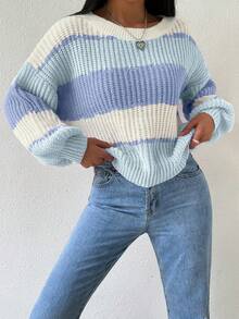 SHEIN Colorblock Rib-Knit Drop Shoulder Sweater,Long Sleeve Tops Knit Pullover Fall Winter Sweater - Baby Blue - View 5