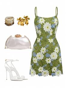 Ellevyn Romantic Lace Spaghetti Strap Dress, Suitable For Parties & Summer Wear - Green - View 3