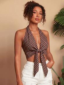Travachic Casual Retro Style Brown Base Blue Polka Dot Allover Print Blouse, Suitable For Spring/Summer Vacation - Multicolor - View 3