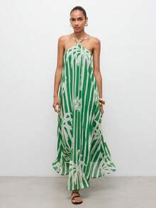 Maija Đầm sọc cây cọ xanh cho nữ, đầm chiffon không tay xếp ly xòe rộng dáng suông đi biển. - màu xanh lá - Xem 8