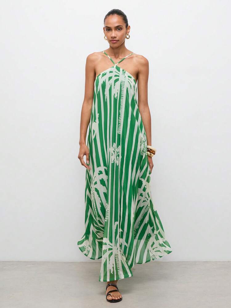 SHEIN Maija Women's Green White Tropical Palm Tree Floral Graphic Chiffon Dress,Sleeveless Pleated Flared Hem Summer Holiday Vacation Boho Beach Birthday Outfits