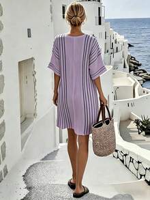SHEIN Holidaya 女士条纹V领宽松休闲短袖连衣裙 - 淡紫色 - 查看 2