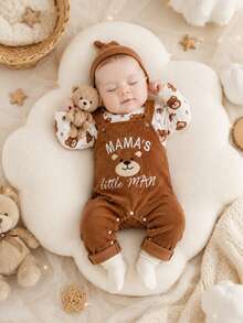 SHEIN Playful Pals 2件組男嬰長袖連身衣與圍兜褲套裝，熊與字母刺繡，棕色，秋季可愛端莊家庭款 Mamas Little Man 連身褲 - 棕色 - 查看 12