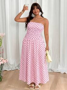 GalTyme Plus Size Women Polka Dot Ruched Bandeau Casual Party Dress - Pink - View 6