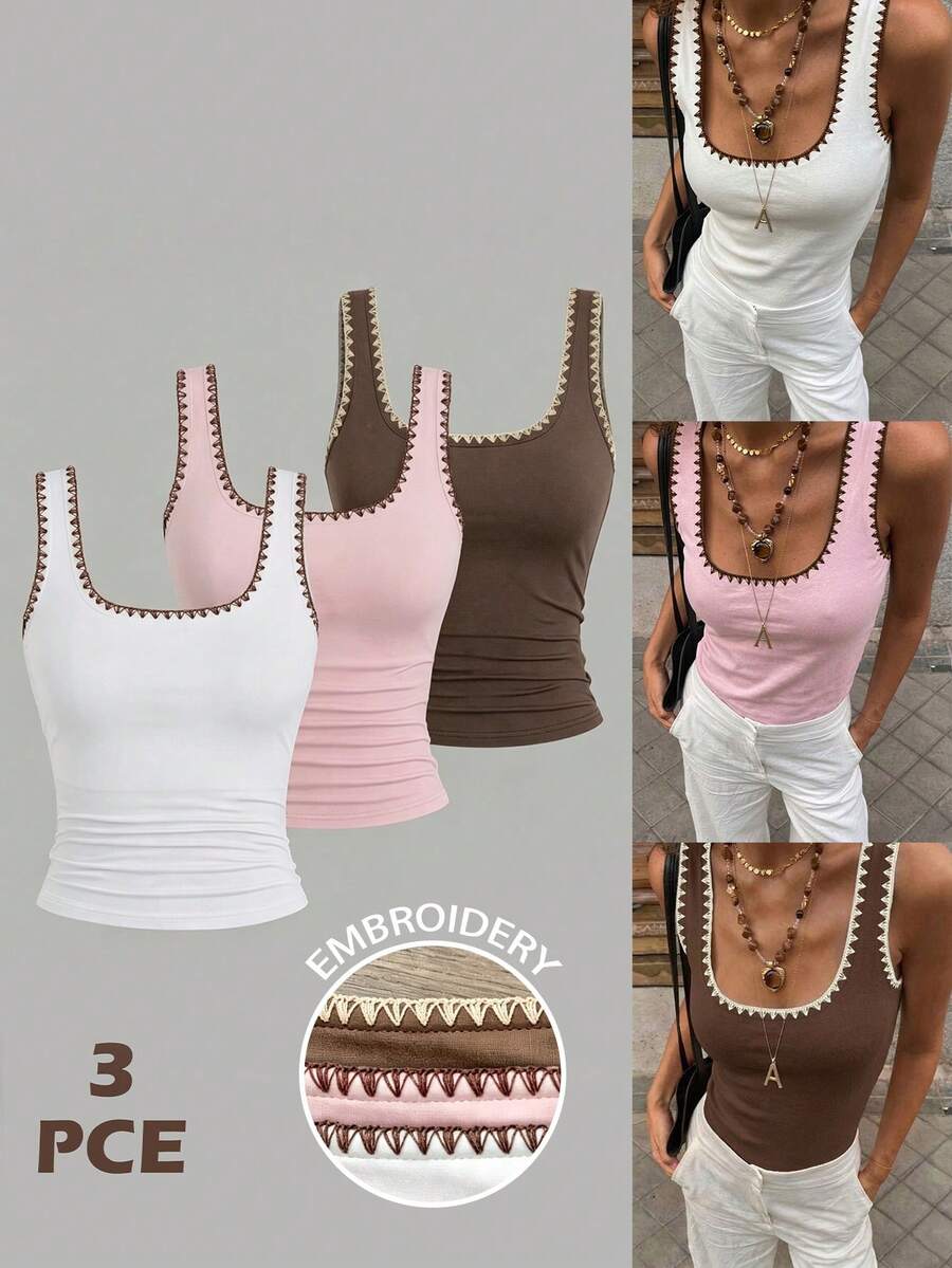 Teen Girls' Minimalist Casual Square Neck Camisole,3PCE Pink,White,Brown,Summer Vacation Essential,Relaxed Comfortable Basic Style,Daily Fashion Wear - Grey - View 1
