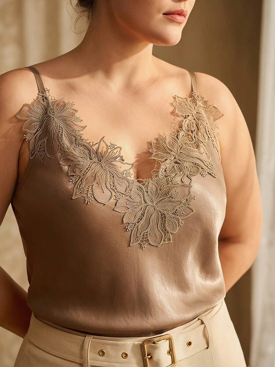 MOTF PREMIUM PLUS SIZE WOMEN'S SPRING/SUMMER SATIN CONTRAST LACE EMBROIDERED CAMISOLE TOP - Brown - View 2