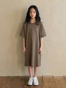 DAZY 青少年女孩休閒日常通勤極簡花卉印花插肩袖寬鬆T恤洋裝，夏季 - 棕色 - 查看 3