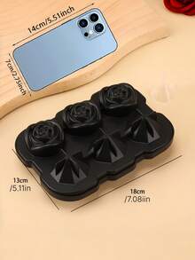 SHEIN 1 Set Silicone Easy Release Ice Cube Tray With Lid, Makes 2-Inch Rose & Diamond Shaped Ice Cubes, Includes Small Funnel, Ice Mold Maker, Juice Drink Decor, Suitable For Bar, Cafe, Restaurant, Home Kitchen, Wedding Party, Summer Beverages - Black - View 3