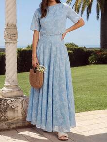 Amorya Women's Spring/Summer New Elegant High-End Embroidered Blouse & A-Line Skirt 2-Piece Set - Blue and White - View 9