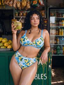 Swim Vcay Conjunto de bikini de tiras de espagueti con estampado de limón para mujer de talla, traje de baño elegante para la playa - Multicolor - Ver 4