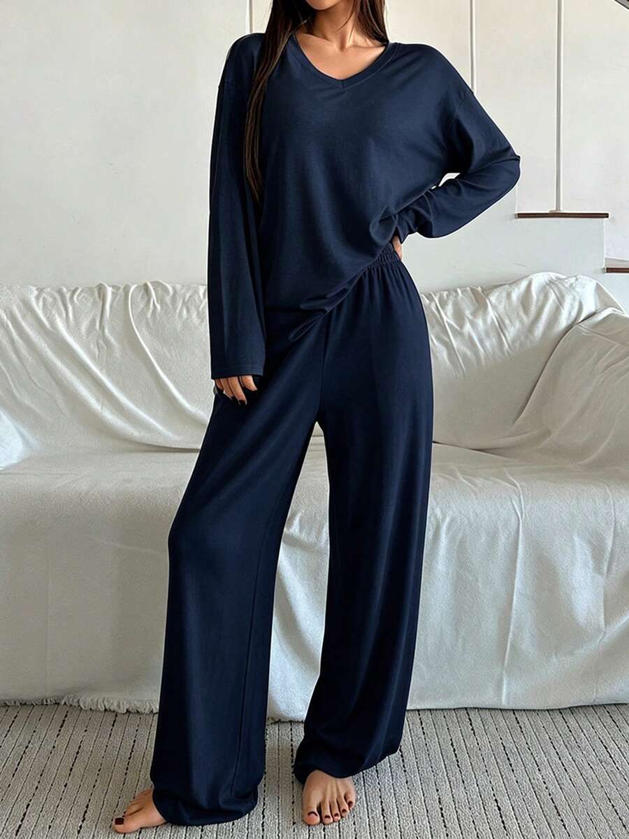 DAZY Minimalist Solid Color Soft Knit Women Pajama Set - Navy Blue - View 1