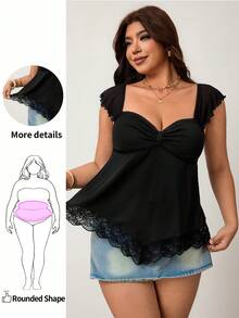 Enliva Plus Size Women Pleated Front A-Line Ruffle Sleeve Backless Casual Vacation Short Tank Top, Suitable For Casual, Vacation, Daily Wear - Black - View 6