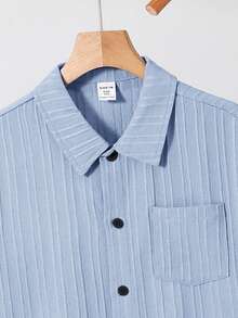 SHEIN 男童前扣纯色贴袋短袖梭织衬衫 - 淺藍色 - 查看 6