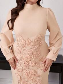 Modelyn 大码女式时尚简约优雅收腰修身连衣裙 - 杏色 - 查看 5