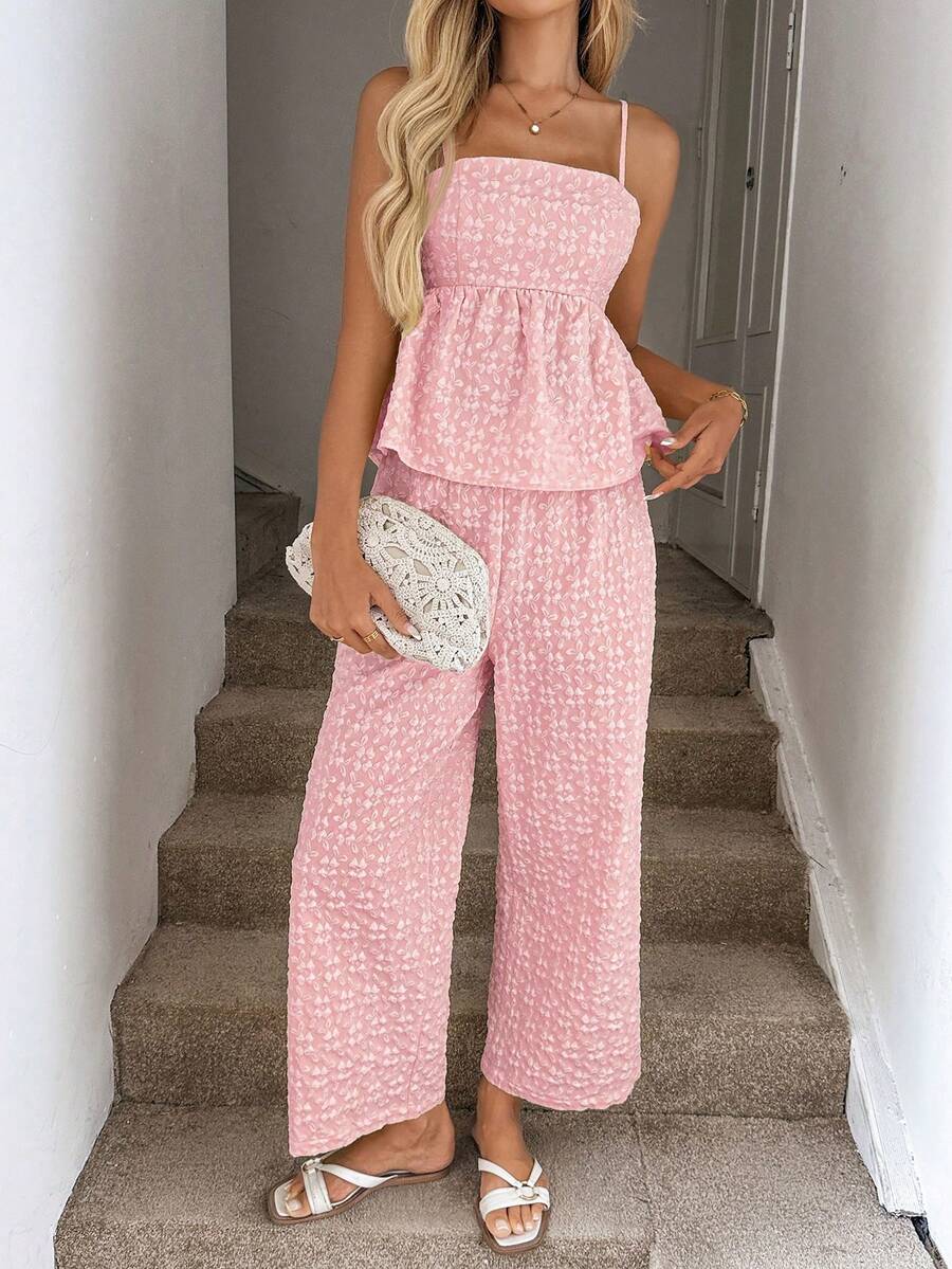 SHEIN LUNE Bộ 2 món gồm áo hai dây và quần cạp chun họa tiết hoa nhí màu vàng dễ thương, màu hồng mùa hè, phong cách thường ngày. - Hồng - Xem 1