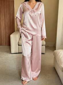 DAZY 2pcs Set Piyama Longgar Leher V Polos dengan Motif Renda, Atasan Lengan Panjang dan Celana, Musim Gugur/Musim Dingin untuk Wanita - Berwarna merah muda - View 6