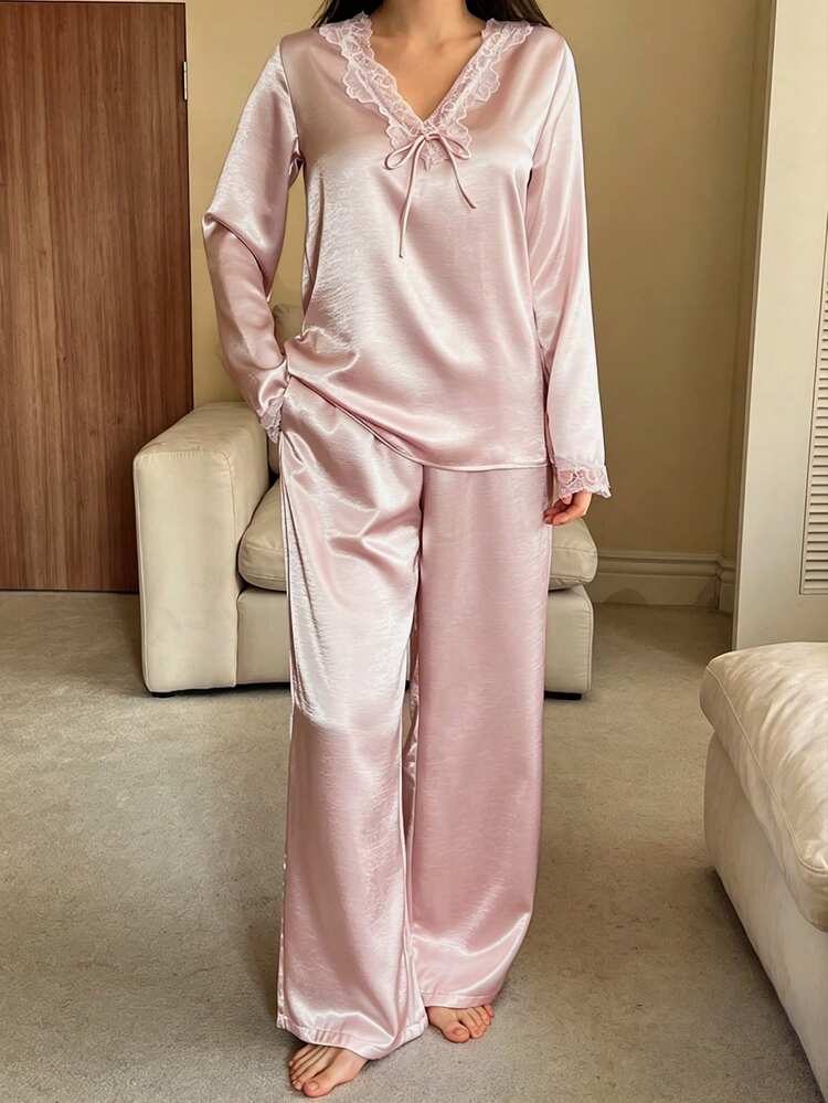 2pcs Lace Patchwork Solid V-Neck Loose Pajama Set, Long Sleeve Top And Pants, Autumn/Winter Women