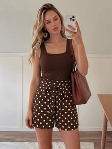 SHEIN LUNE Women's Vacation Casual Vintage Solid Color Tank Top And Polka Dot Print Shorts 2-Piece Set, Summer Outfits Chocolate Brown Brown Polka Dot - Multicolor - View 7