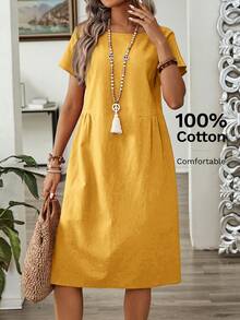EMERY ROSE Vestido casual de verano versátil, de talla grande, de unicolor, cuello redondo, manga corta, plisado y holgado - Amarillo - Ver 3