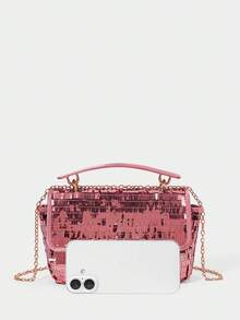 SHECARRY Women's Fashion Pink Sequined Tote Bag, Exquisite Lock, Classic Flip Square Bag, Suitable For Daily, Dating, Party, Dance, Dress Matching - Champagne powder - View 5