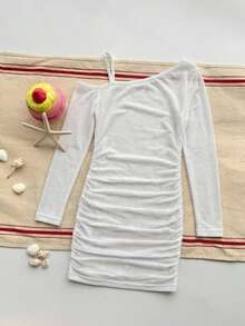DAZY Baju Renang Terusan Anak Perempuan Remaja Lengan Panjang dengan Desain Bahu Asimetris untuk Musim Panas - Putih - View 4