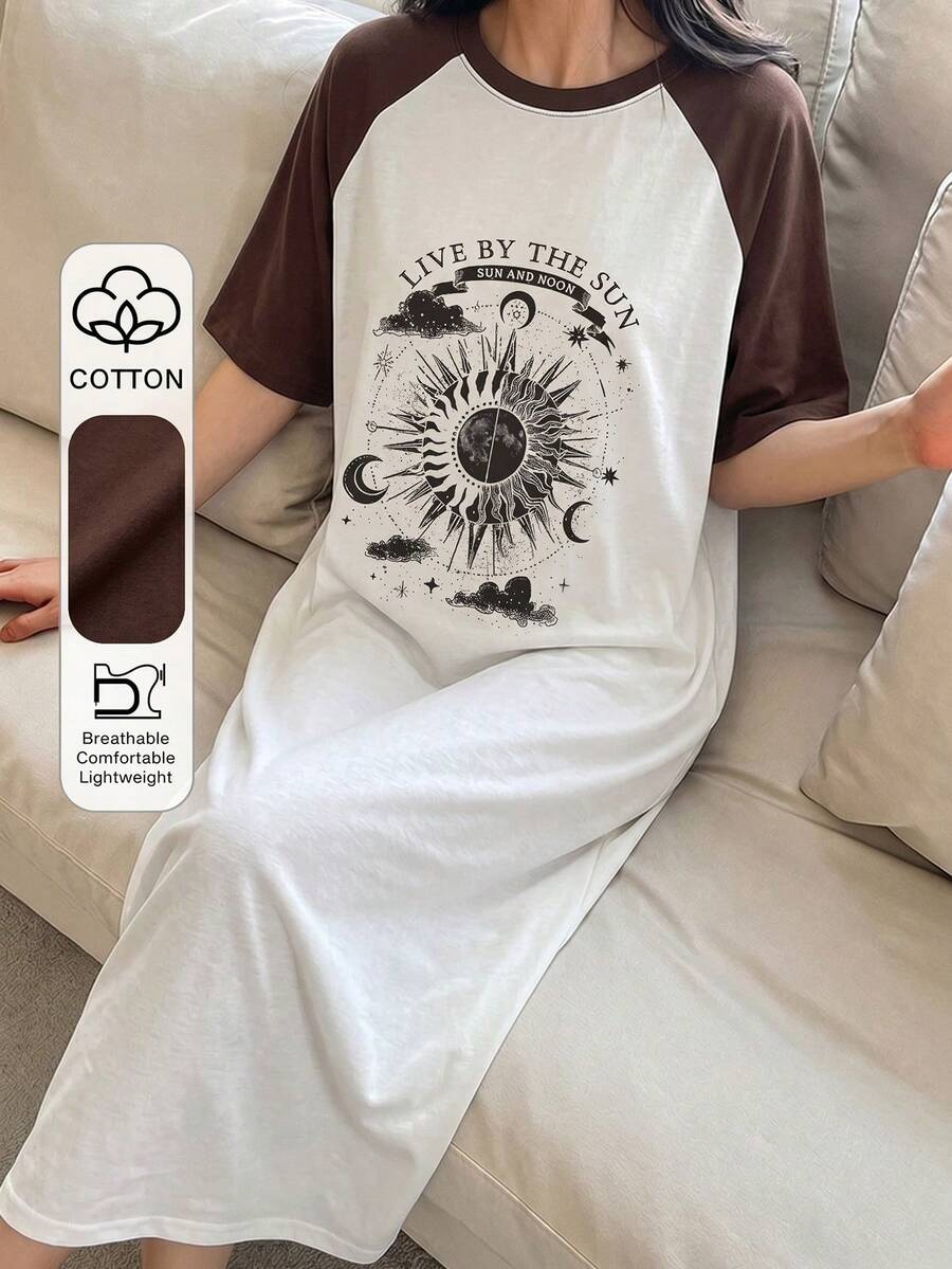 DAZY 太陽圖案插肩袖長洋裝,女款夏季睡衣睡袍 - 白色 - 查看 1