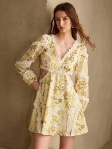MOTF PREMIUM PATCHWORK FRILL TRIM FLORAL PRINT DRESS - Yellow - View 4