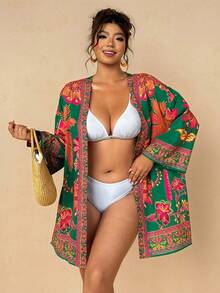 Travachic Đồ mặc resort phong cách Boho cho nữ | Áo khoác cardigan kimono họa tiết hoa nhiệt đới màu xanh đậm - Áo khoác ngoài che bãi biển dáng rộng tay rộng dài vừa - màu xanh lá - Xem 3