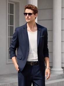 Officeau 2pcs/Set Men's Wedding Suit, Jacket And Pants, Suitable For Wedding, Party, Gathering - Navy Blue - View 4