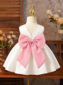 SHEIN Baby Girl Woven Contrast Color Bow Decor Round Neck Sleeveless Casual Elegant Dress Wedding Guest White And Pink Summer - Multicolor - View 3