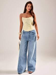 Top corto de mujer de color amarillo albaricoque con textura, estilo corset, top tubo sin mangas, para usar en primavera/verano - Albaricoque - Ver 3