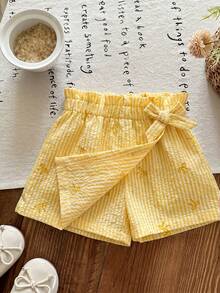 LMoss Kids Young Girl Bow & Striped Print Wrap Casual Shorts For Summer - Yellow - View 5