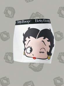 Betty Boop x SHEIN 合作款女士安全短裤，白色卡通印花高弹力平角内裤 - 白色 - 查看 1
