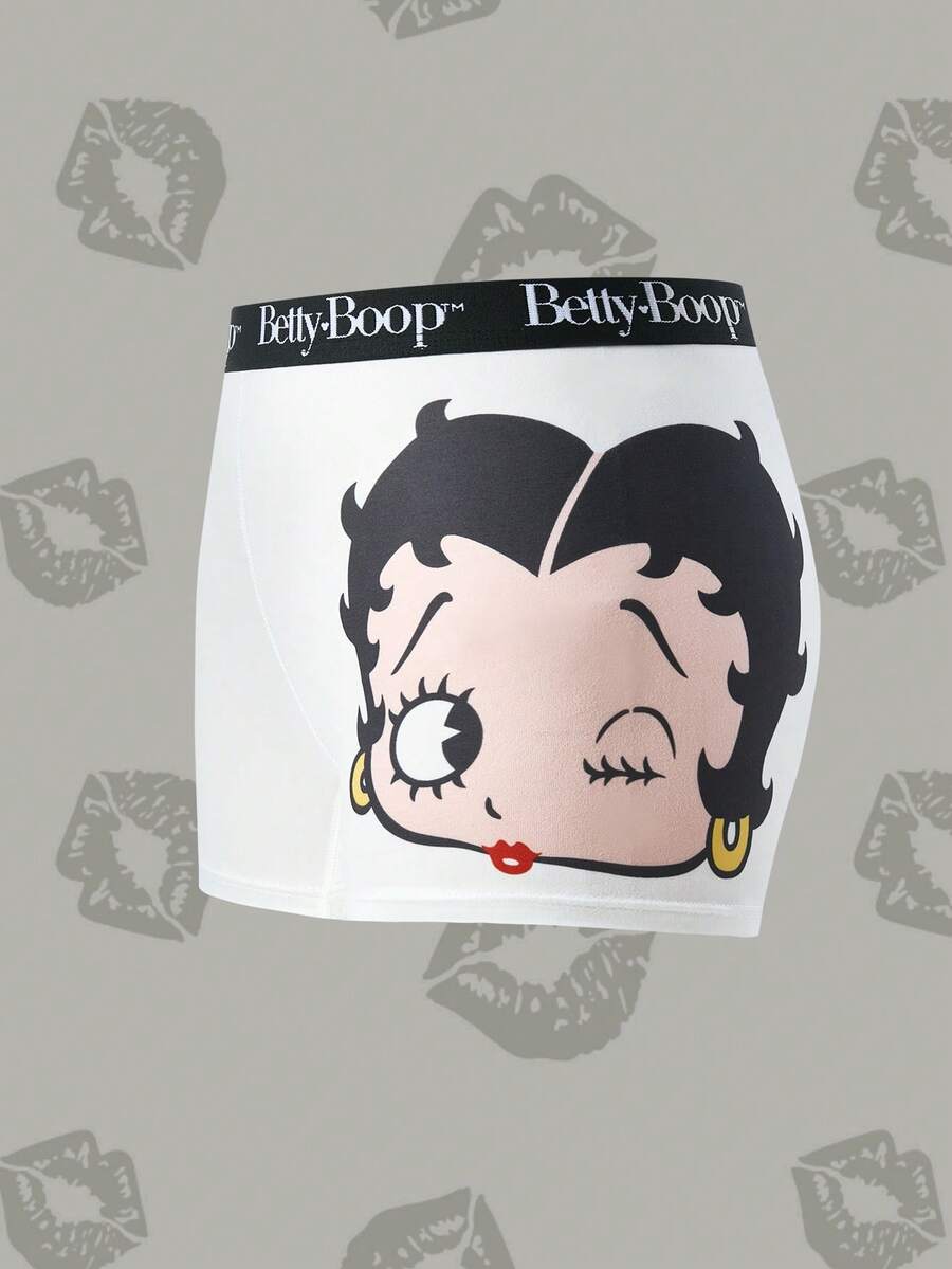 Betty Boop x SHEIN 合作款女士安全短裤,白色卡通印花高弹力平角内裤 - 白色 - 查看 1