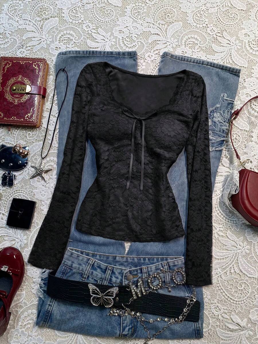 SHEIN 女款純色扭結修身優雅長袖蕾絲拼接上衣 - 黑色 - 查看 1