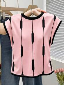 Franclia Blusa de cuello redondo de manga corta con rayas asimétricas para mujer, minimalista y versátil - Rosa - Ver 3