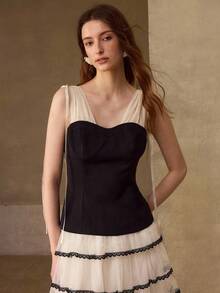MOTF PREMIUM BLUSA AJUSTADA CON PLIEGUES DE COLOR CONTRASTANTE PARA MUJER - Negro - Ver 1