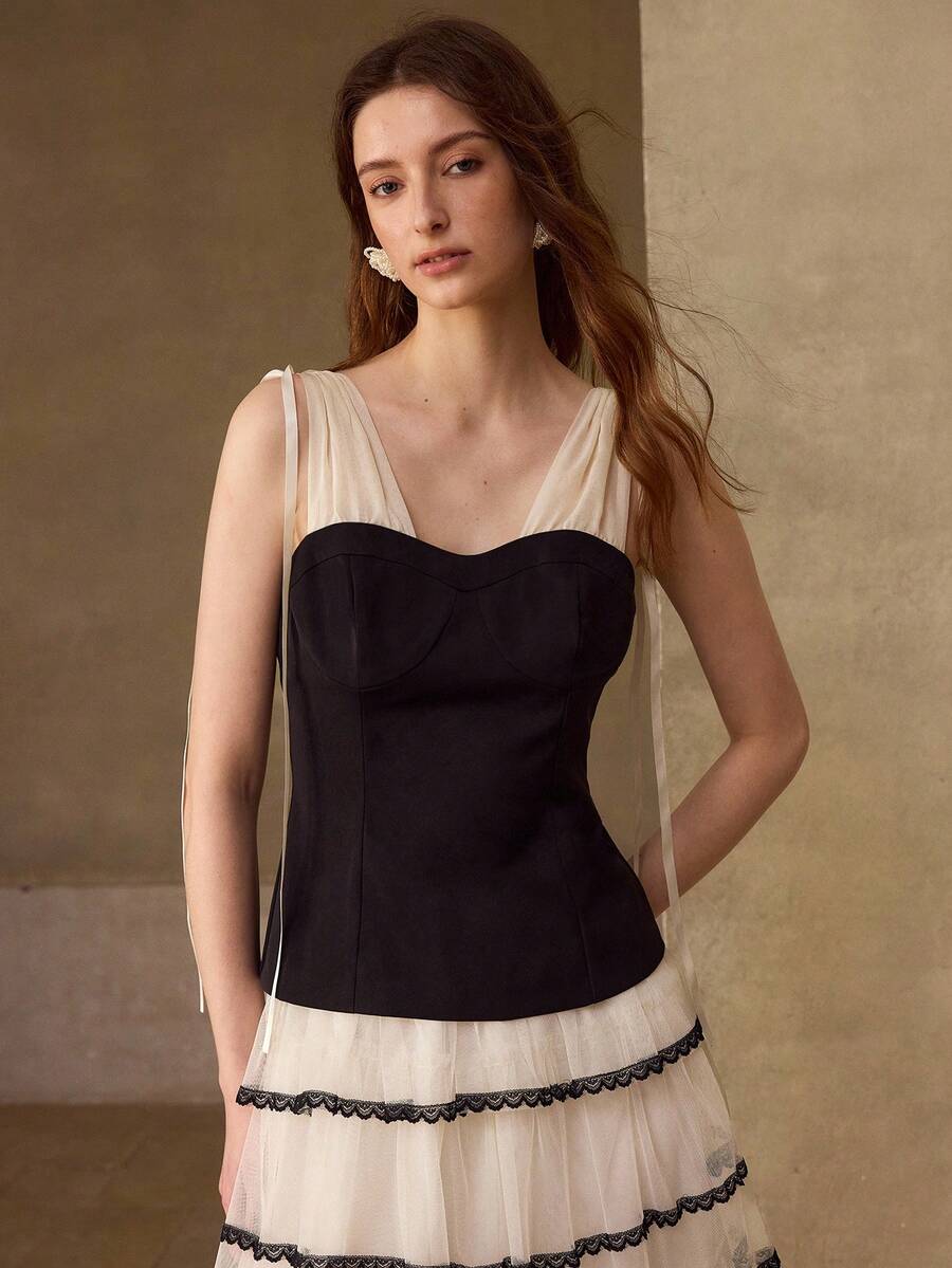 MOTF PREMIUM BLUSA AJUSTADA CON PLIEGUES DE COLOR CONTRASTANTE PARA MUJER - Negro - Ver 1