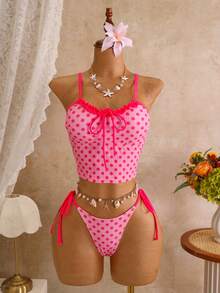 Bellisia Bộ bikini nữ mùa xuân/hè in kỹ thuật số, không gọng, viền hoa, gồm áo hai dây và quần bơi buộc dây bên hông, thích hợp cho đi biển, nghỉ mát, phong cách thường ngày. - Màu Hồng  Dưa hấu - Xem 3