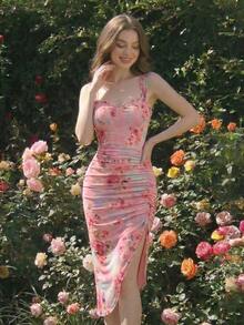 MOD Vestido con estampado floral, plisado, dobladillo asimétrico y abertura, vestidos en tonos pastel para mujer - Rosa - Ver 6