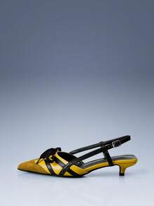 CUCCOO GRLICON Yellow Color Matching Pointed Back Empty Kitten Heels, French Retro Bow Stiletto Commuter Shoes For Women - Yellow - View 2