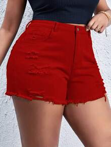 SHEIN SXY 大尺碼夏季休閒素色破洞牛仔短褲 - 紅色 - 查看 1