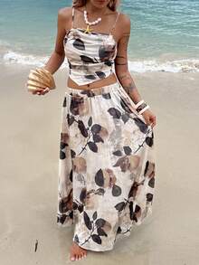 DAZY Women's Floral Print Camisole And Loose Palazzo Pants 2 Pieces Vacation Set Summer Beach Beige Breezy European - Khaki - View 3