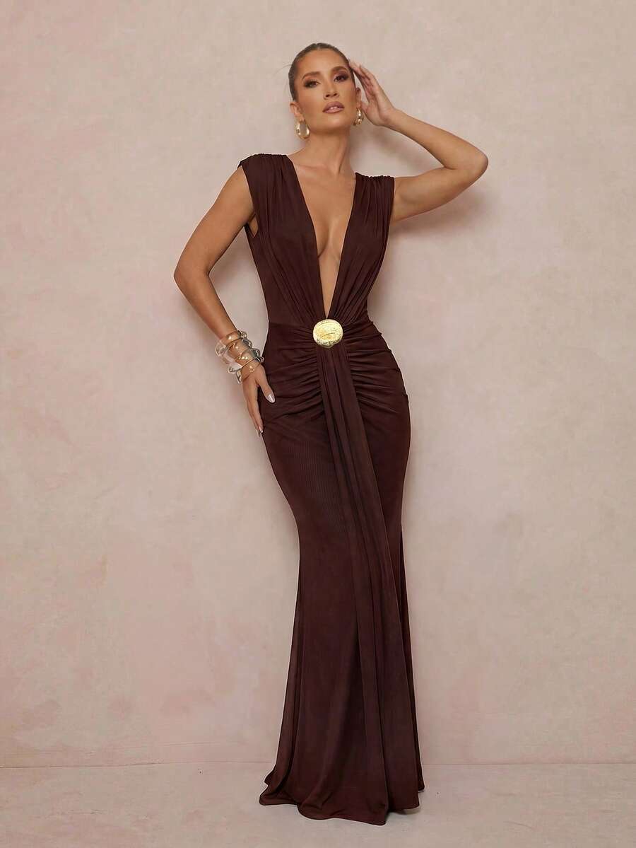 Lumalex V-Neck Mesh Soft Flowing Ribbon Waist Mermaid Hem Dress With Shell Metal Decor For Women - Coffee Brown - View 1