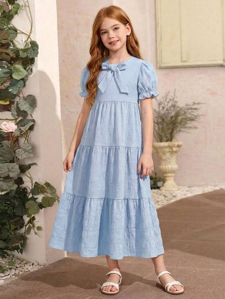 SHEIN 青少年女孩編織純色圓領泡泡袖休閒洋裝 - 藍色 - 查看 1