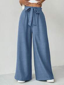 RiviMae Women's Solid Color High-Waist Belted Wide Leg Casual Pants With Pockets Fall Cloth For Women - Royal Blue - View 8
