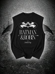 BATMAN X SHEIN RISE LYT Men's Casual Letter & Bat Print Round Neck Loose Fit Sports Tank Top, Summer - Black - View 1