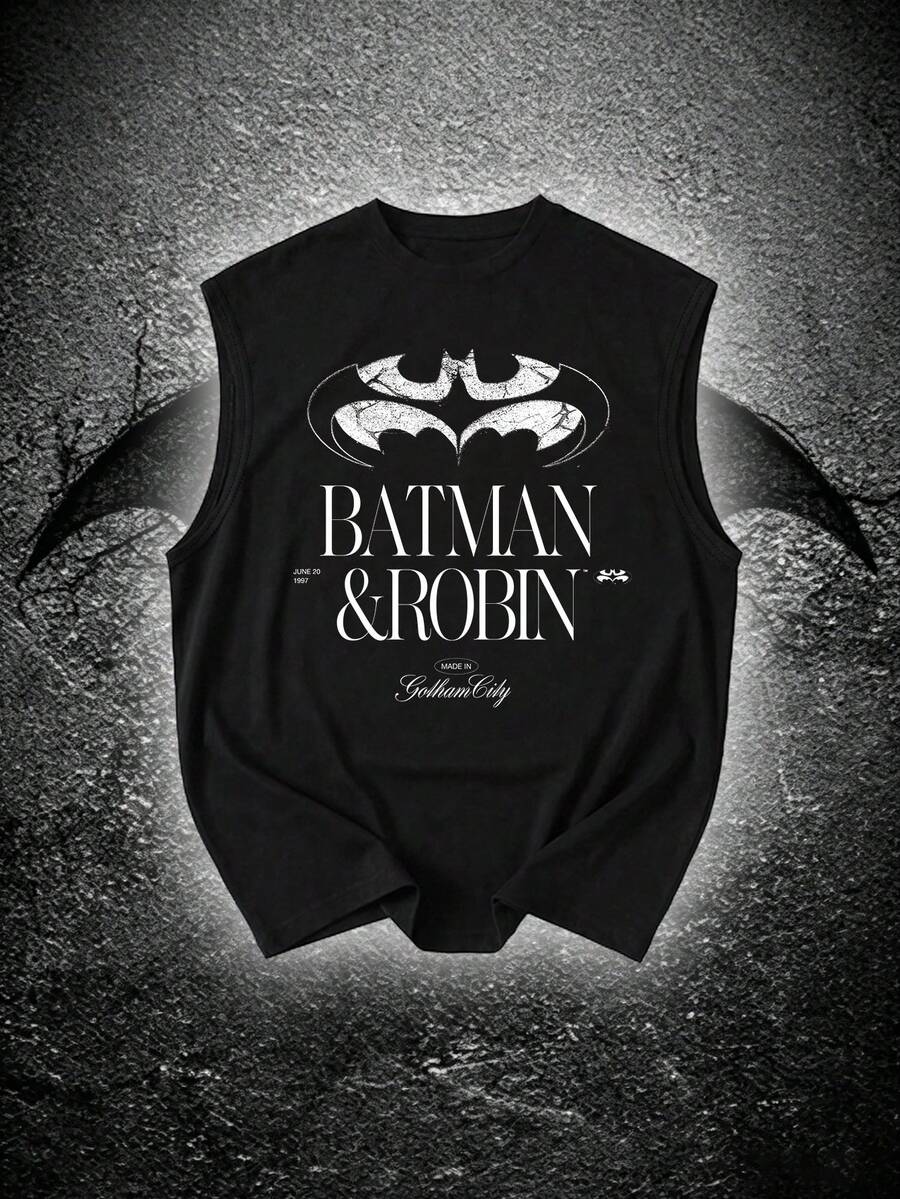 BATMAN X SHEIN RISE LYT Men's Casual Letter & Bat Print Round Neck Loose Fit Sports Tank Top, Summer - Black - View 1