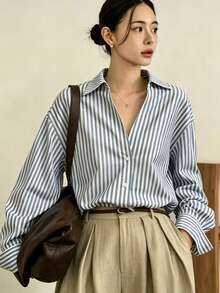 Dazy-Less Camisa de Manga Longa Listrada Azul Casual de Primavera/Verão, Adequada para Escritório, Transporte, Dia dos Namorados - Azul - Visão 3