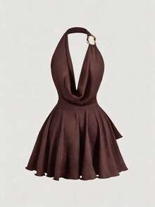 Bonvoyette Vestido de playa de unicolor con escote pronunciado, espalda descubierta y bajo con volantes para vacaciones - Café integral - Ver 5